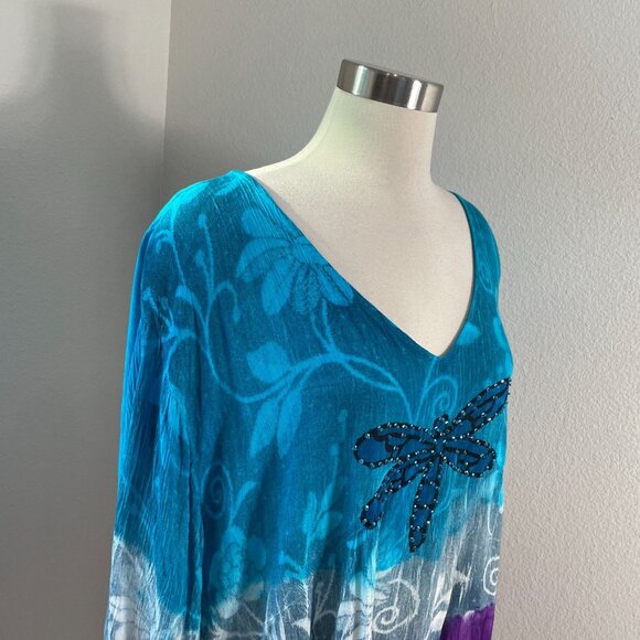 NEW Greater Good Womens Plus 4X Tunic Top Dragonfly Blue Purple V Neck Shirt - Picture 2 of 12